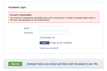 Facebook login unavailable