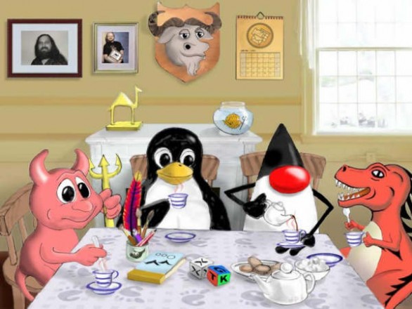 Free software mascots having dinner