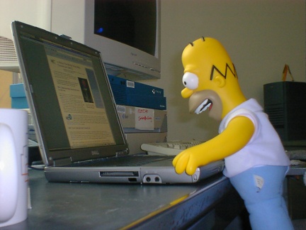 Homer staring at a big laptop