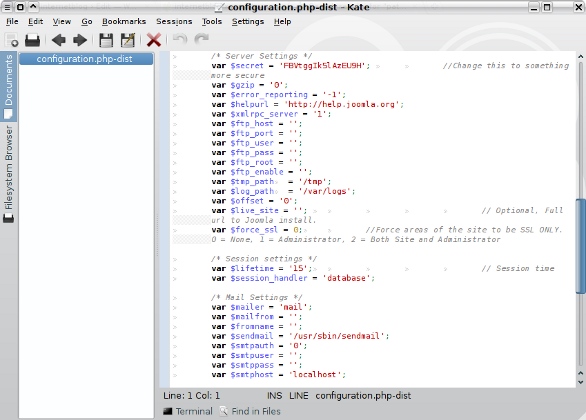 Joomla configuration file showing paths