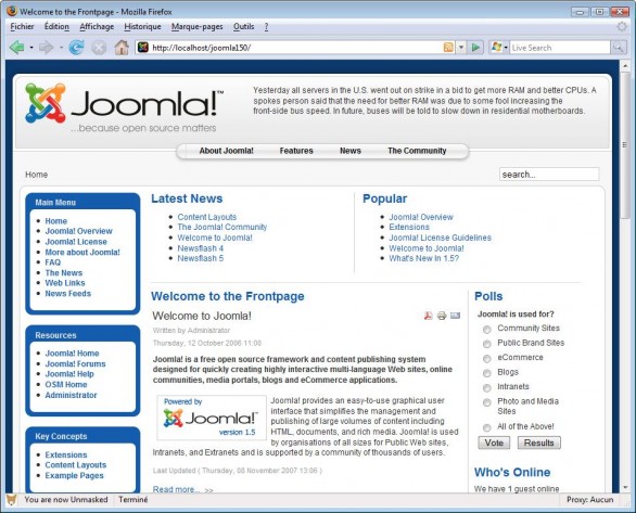 Joomla page with welcome message