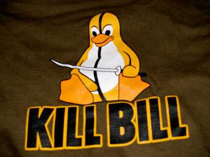 Tux dressed in Kill Bill outfit