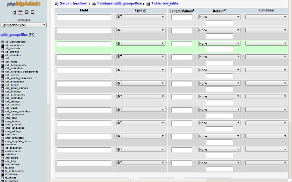 phpMyAdmin new table screen