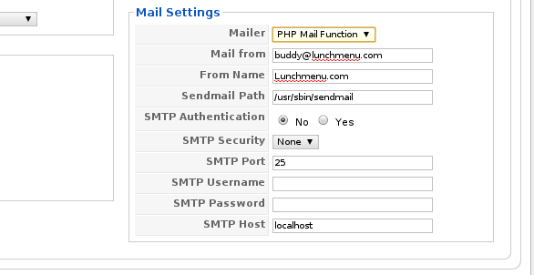 Joomla mail settings